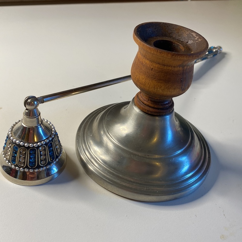 Matte Silver and Jeweled Candle Snuffer & Silver & Wood Taper Candle Holder